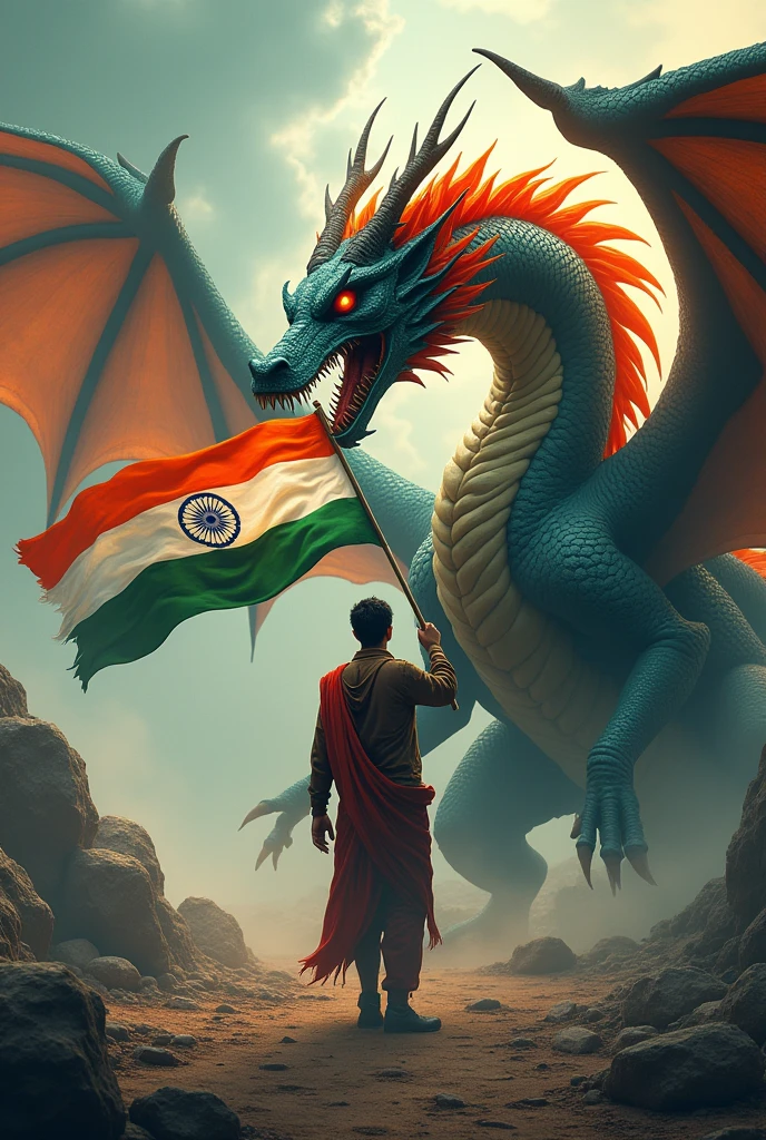 Prompt “Illustration with an Indian flag in hand. A ferocious dragon protecting the text "Yash" and he has Indian tricolor wings. ‘Create a 3D illusion profile picture in 4K.”