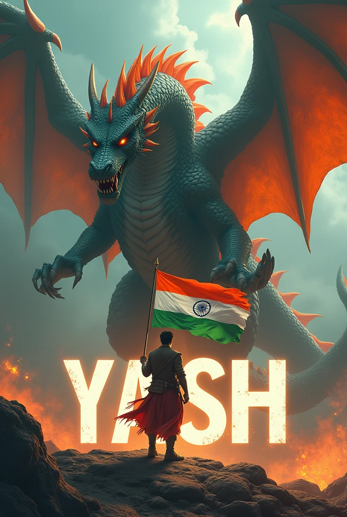 Prompt “Illustration with an Indian flag in hand. A ferocious dragon protecting the text "Yash" and he has Indian tricolor wings. ‘Create a 3D illusion profile picture in 4K.”