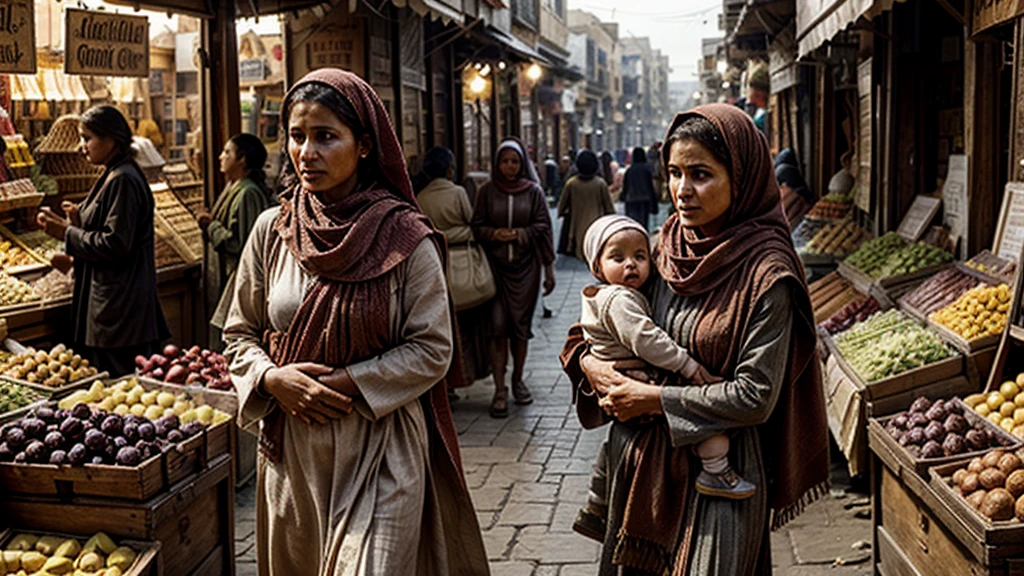 Cinematic, the Canaanite woman walking through a marketplace, heads turning as she passes, her expression dignified, holding her child close, contrasting the bustling, chaotic environment with her serene faith, warm, dusty colors,