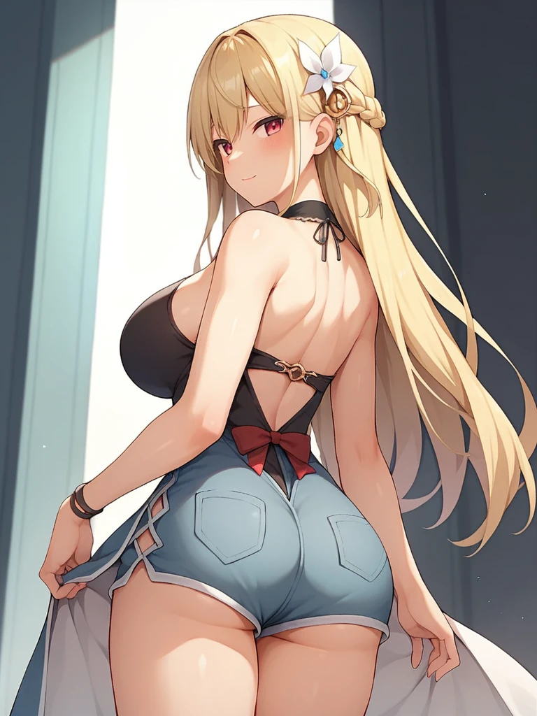 score_9,score_8_up,score_7_up,rating: general,1girl,solo,long hair,breasts,looking at viewer,blush,bangs,large breasts,blonde hair,hair ornament,red eyes,dress,bare shoulders,jewelry,closed mouth, ass, back,from behind,shorts,back,e,shexyo, shexyo style