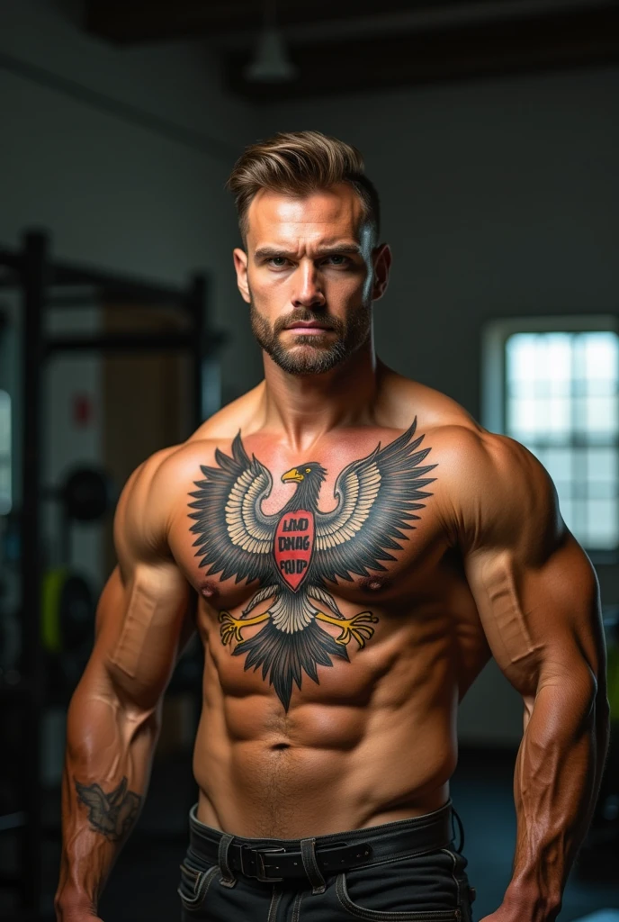 a great bodybuilder, very defined, upper-body free, on the chest a tatoo with Polish eagle and lettering "POLISH AND PROUD" SCHAUT ONLY in the camera, real shot, detalized.
