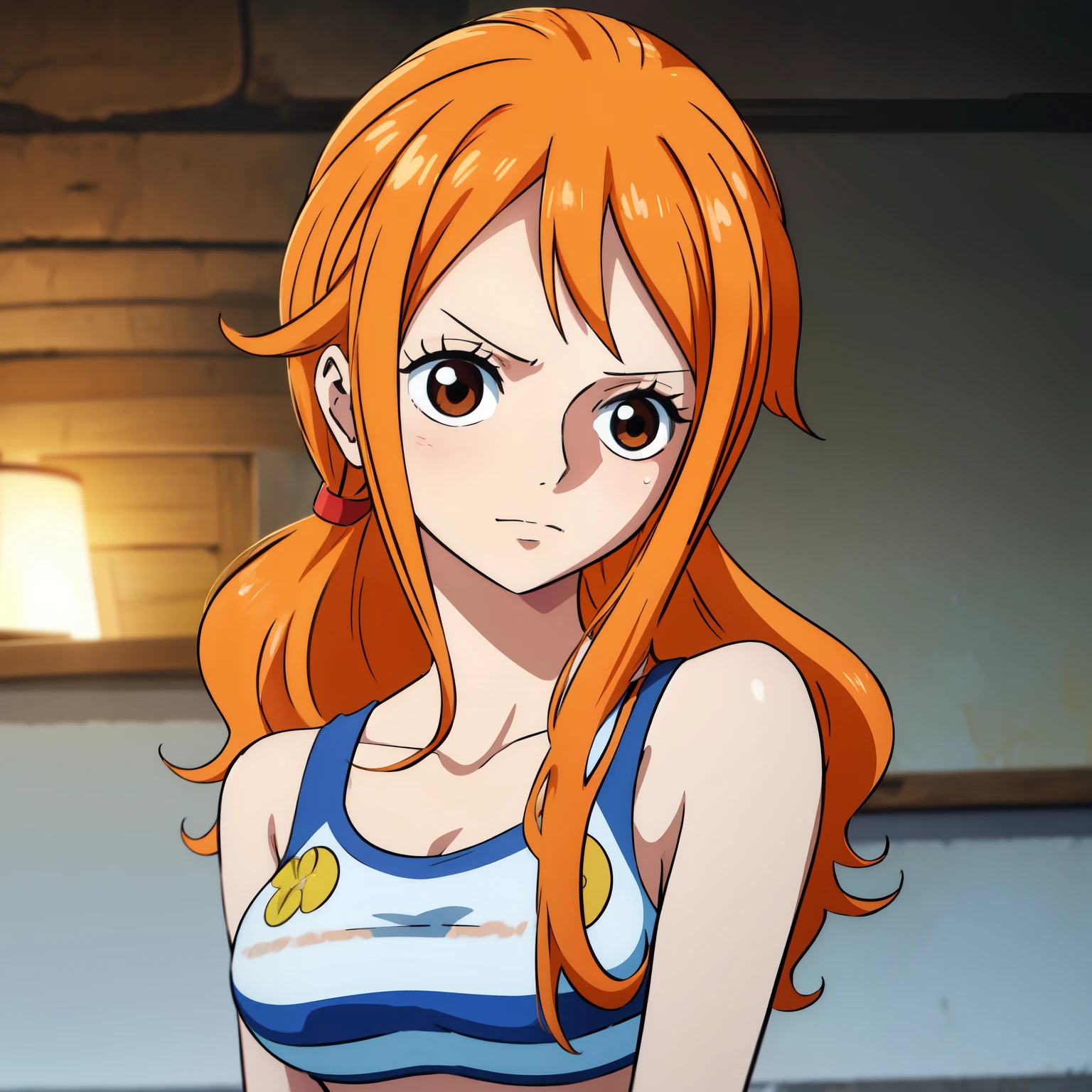 Nami from One Piece, Long orange ponytail hair, (Highest quality, 4K, 8k, High resolution, masterpiece:1.2), Very detailed, and (Realistic, photoRealistic, photo-Realistic:1.37) Beautiful brown eyes, Blushing, See-through T-shirt,You can see the swimsuit through the see-through, Put your arms behind your head,Anime Style, Add HDR, 超High resolution, Studio Lighting, Ultra-fine painting,