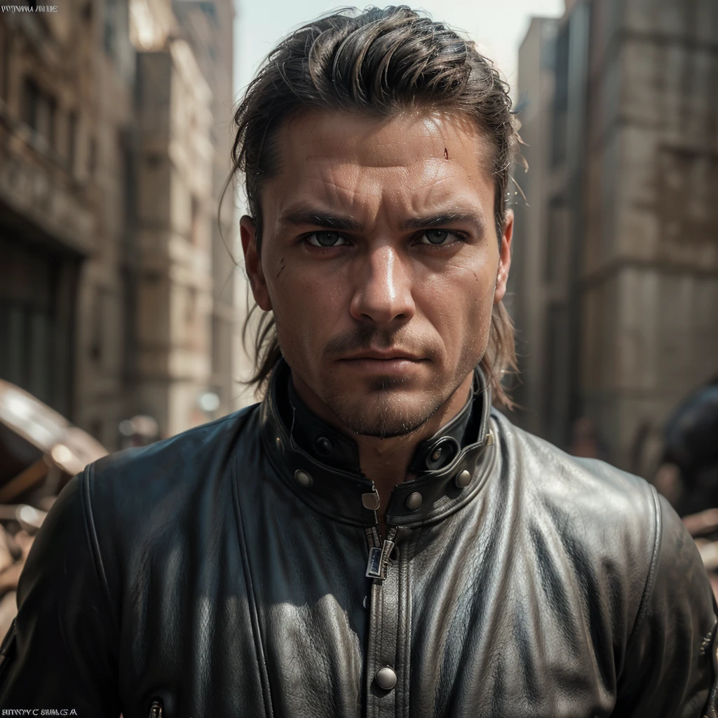 realist:1.3,( fotorrealist, 8k, RAW Photos, Premium quality, masterpiece, epic lighting. close up, Centered image), (Complete plan:1.4),((1 handsome and muscular man, post-apocalyptic, guerrero, Perfectly detailed face and body, (action pose and badass), for the cover of Heavy Metal magazine, dynamic pose, beautiful and detailed hair, Leather Clothes))