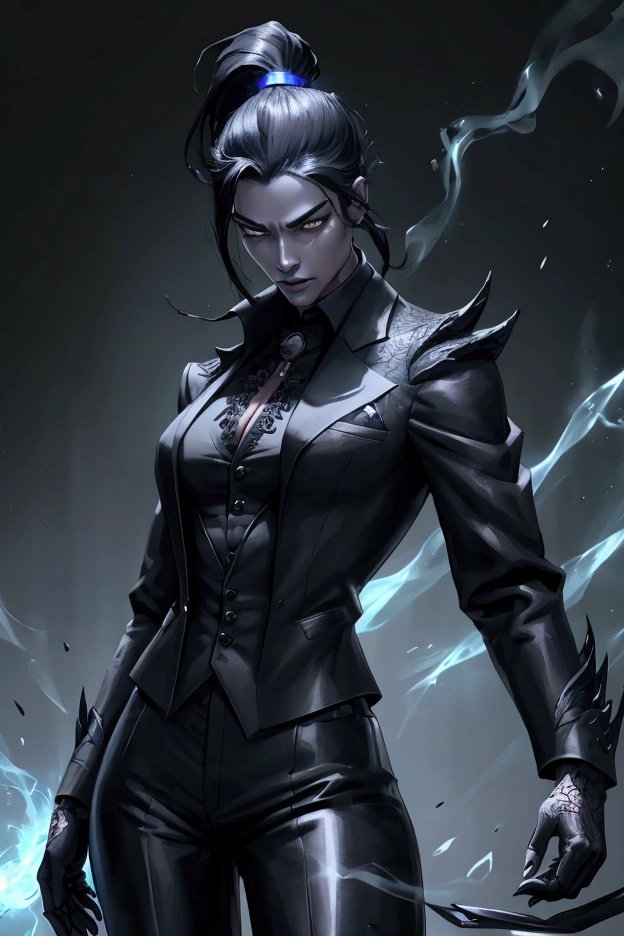 1BOY, MAT BLACK BUSINESS SUIT, BLACK HAIR, PONYTAIL, STANDING, HANDS ON POCKET, DARK AURA, AURA COMING OUT BODY, FANTASY, POWER, (Envy Fantasy Mix 03), 8K EYES, HIGHLY DETAILED EYE'S, BLACK ASHE'S COMING OUT FROM BODY, FLOATING,