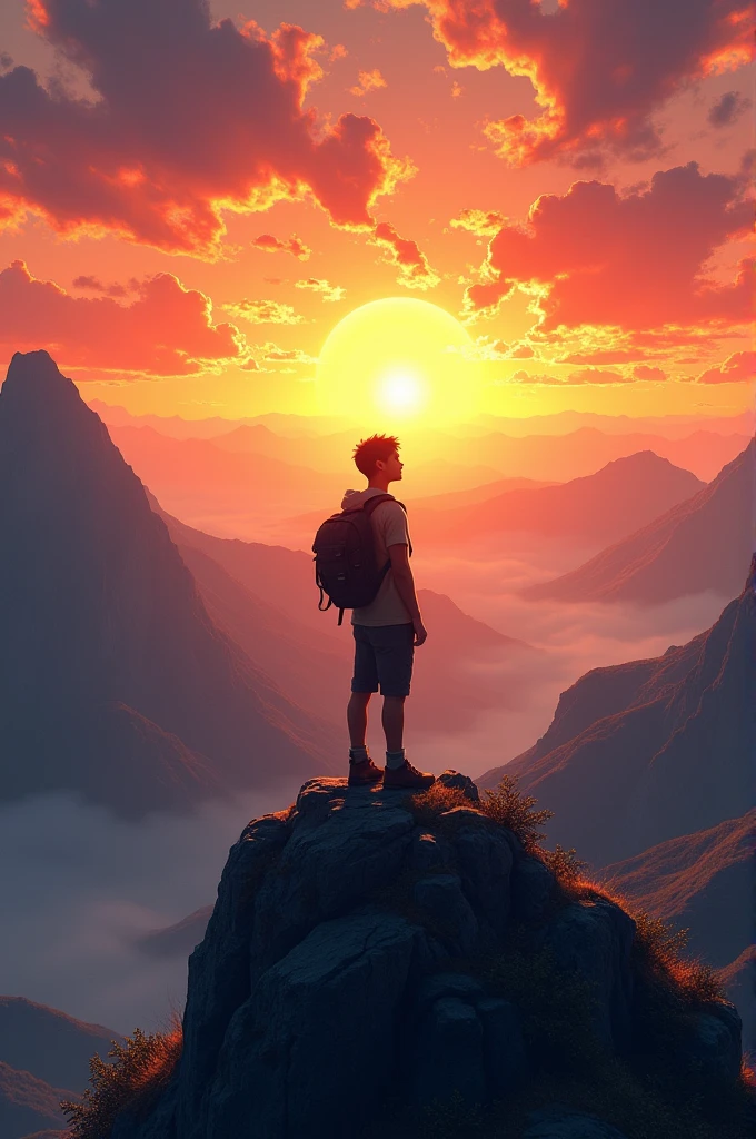After the young man stood on the mountain top watching the sunrise