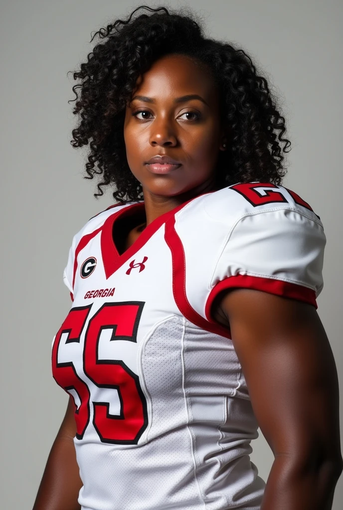 A photo of Jade Thompson, a fullback for the female Georgia Bulldogs football team. Number 52. Black and curvy