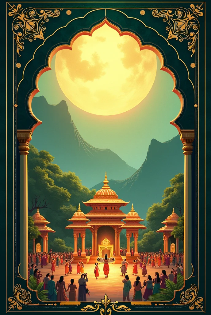 Create a invitation card of typical Indian religious Hindu theme with colour green dark green and golden there should be beautiful picture of Ram Leela of Ayodhya on the top in a beautiful design and the name must be highlighted Chauhan nivas inviting you and some beautiful lines about it should be very nice and elegant