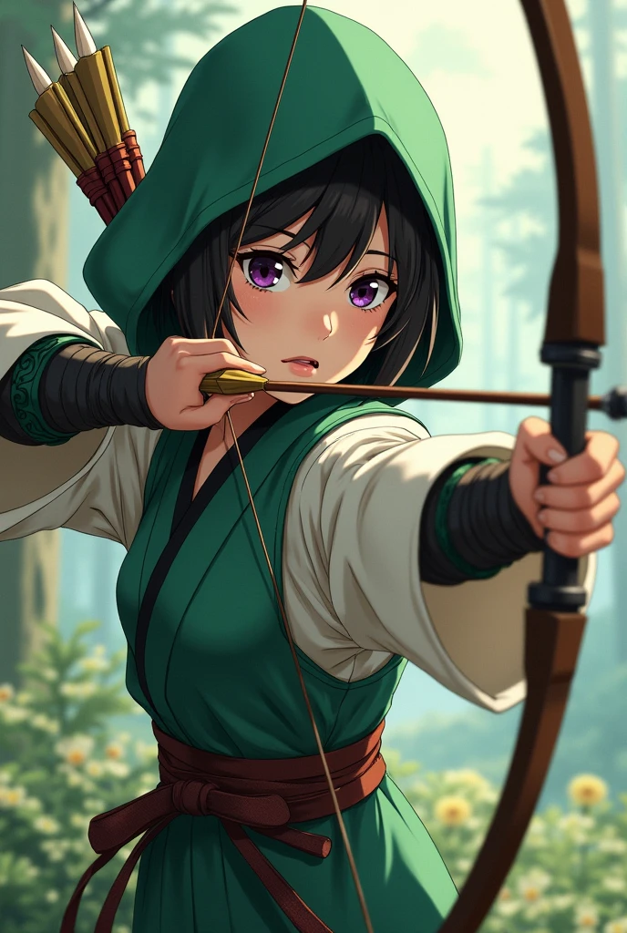 Sengoku period, woman, Japanese, Green Arrow, anime, archery, hood, Asian, baby face