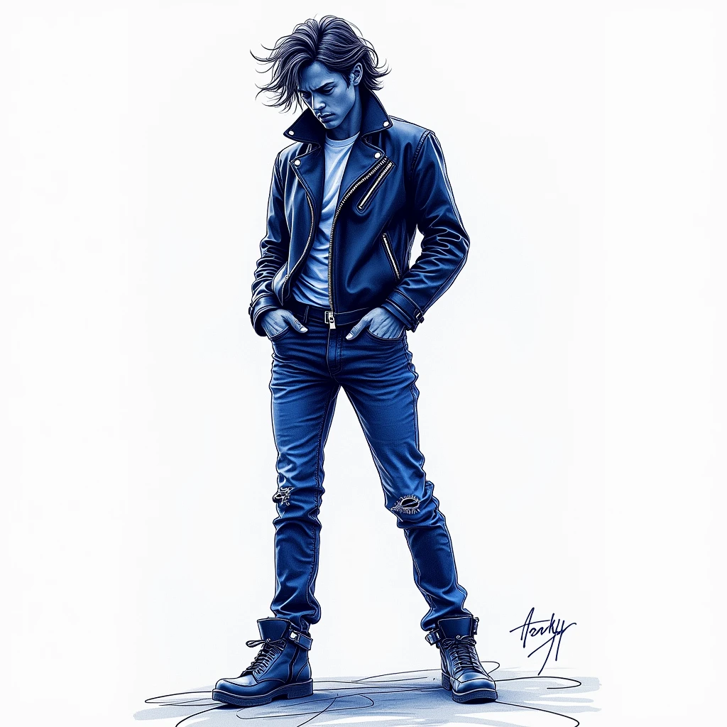 Black Leather Jacket, dark blue color ballpoint pen drawing art style, expressive dark blue lines, dynamic compositions, professional-grade execution, captures the spontaneity and fluidity of sketching, full body, (best quality, masterpiece, photorealistic), very aesthetic, perfect composition, intricate details, ultra-detailed, vivid colors