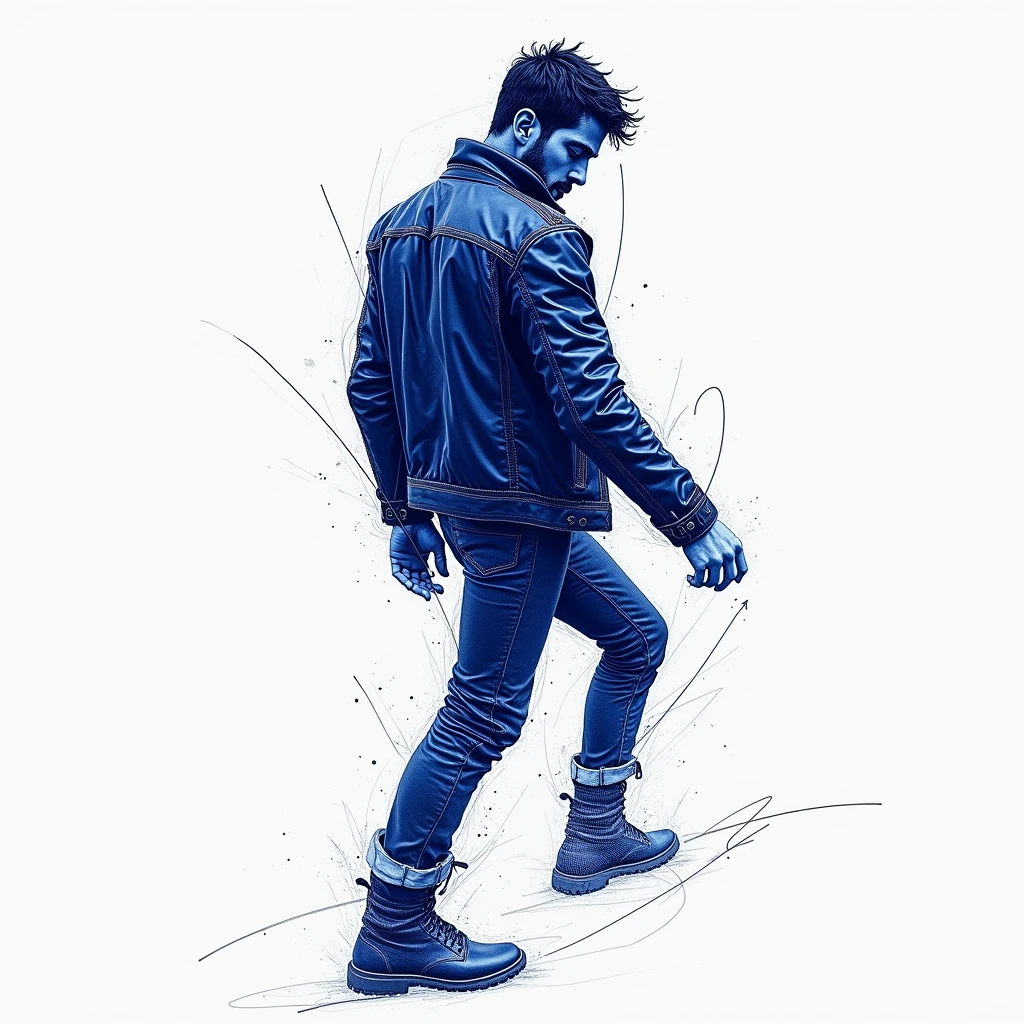 Black Leather Jacket, dark blue color ballpoint pen drawing art style, expressive dark blue lines, dynamic compositions, professional-grade execution, captures the spontaneity and fluidity of sketching, full body, (best quality, masterpiece, photorealistic), very aesthetic, perfect composition, intricate details, ultra-detailed, vivid colors