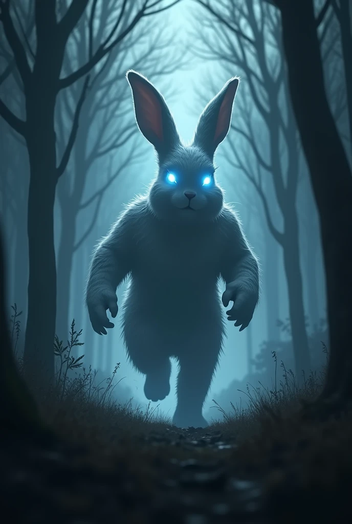 (Photorealism) silhouette of a big white rabbit running with evil eyes shining blue in the dark forest
