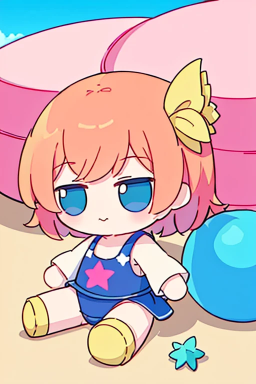 Close-up of cartoon character sitting on pink inflatable, lovely art style, 🪔 🎨;🌞🌄, full body commission for, cute characters,Q Version,Wear a preppy swimsuit,cute swimsuit,Star Eyes,There are splashes around,sandy beach。