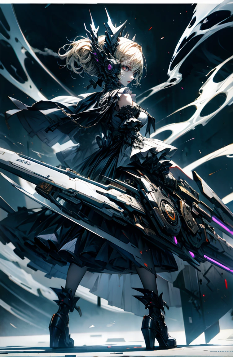 Thumbelina、super high quality、8K quality、High resolution、Image quality captured with a single-lens reflex camera、(software)、Perfect Anatomy、(1. The theme is Gothic Punk Girl）Beautiful blonde 15 year old girl.Orange eyes、(Good shape、Normal chest、Cleavage)、(Black mechanical parts for arms and legs、3D, Realistic mechanical parts)(Mechanical parts wings on the back)(Equipped with a chainsaw:1.2)break、（Perfect Anatomy:1.4）break(Rear view、Recall、avert your eyes:1.3)Petals flutter(Smoke rising from the battlefield、Twilight:1.5) ,break((A bipedal rabbit wearing a morning coat and holding a watch))