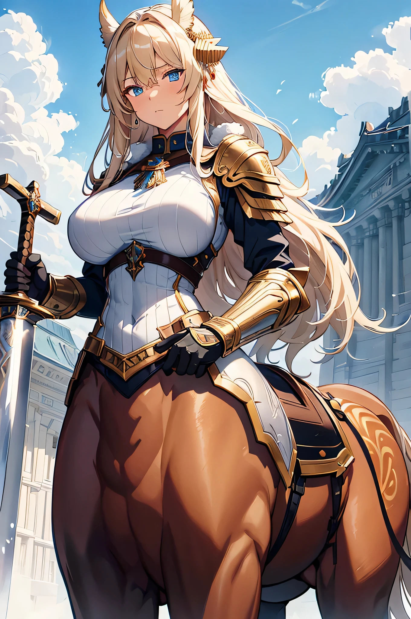 4K,High resolution,One Woman,centaur,Blonde,long hair,Blue Eyes,Big Breasts,Brown fur,Valkyrie,White sacred armor,Full Armor,White gloves,Winged headgear,Jewelry decoration,Holy Sword,Temple in the Sky