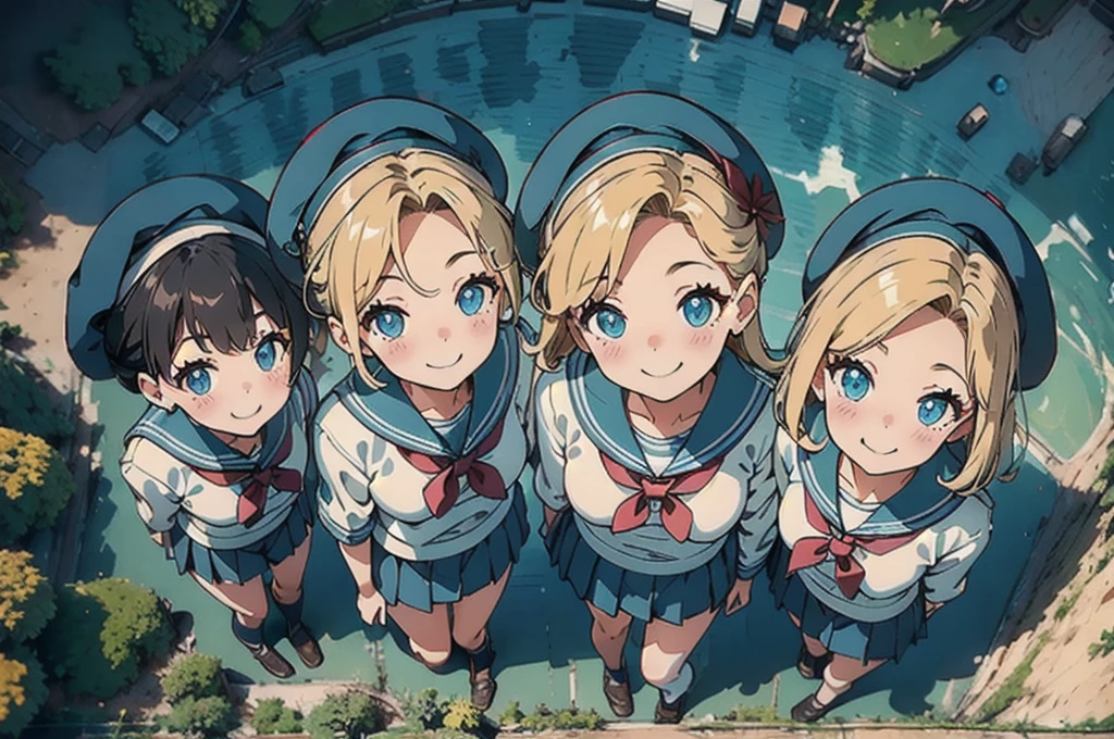  cute、daily、Group photo、Smiling face、Sailor suit、mini skirt、beret、50mm lens、(from above:2) 
