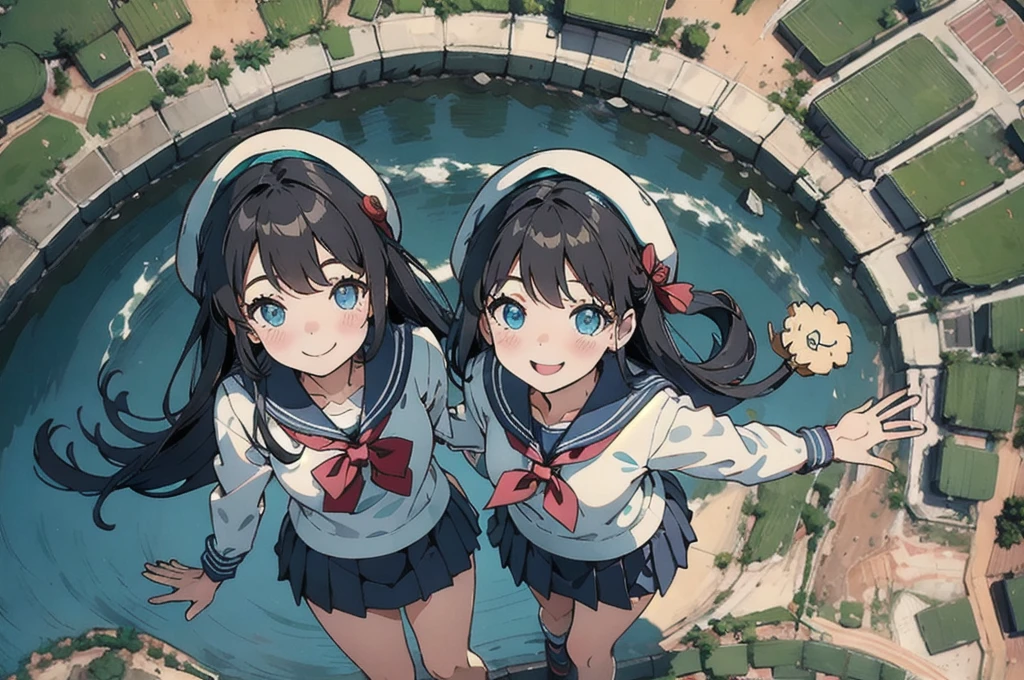 cute、daily、Group photo、Smiling face、Sailor suit、mini skirt、beret、50mm lens、(from above:2)