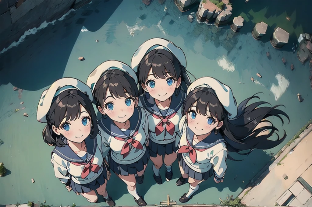 cute、daily、Group photo、Smiling face、Sailor suit、mini skirt、beret、50mm lens、(from above:2)