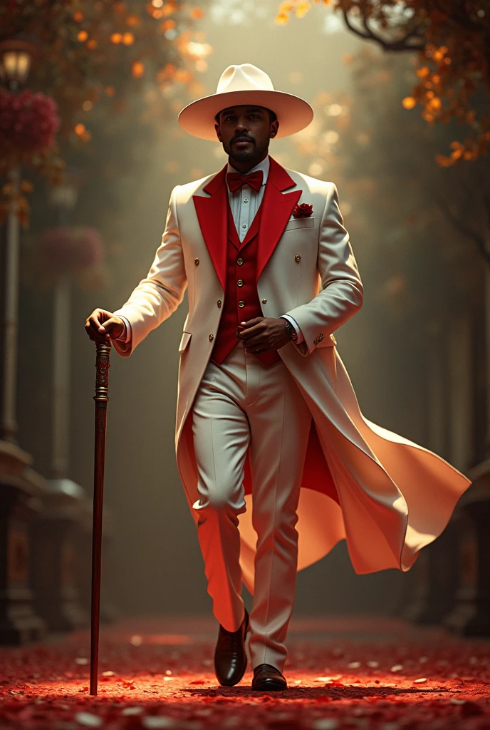 create image of zé pelintra dancing with white and red suit and white hat and cane in hand