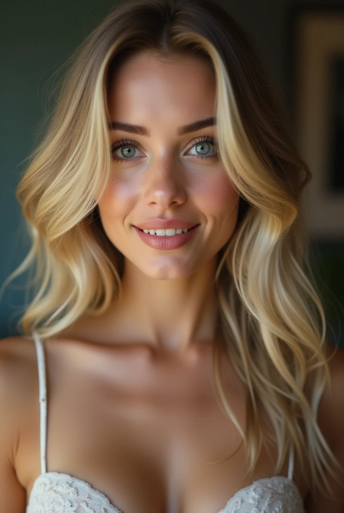 Beautiful blonde , sensual smile, very detailed, 22 ans, visage innocent, ouvert montrant beaucoup de décolleté, large breast , Red equals, natural wavy hair, high resolution, head of'artwork, best quality, intricate details, very detailed, mise au point nette, detailed skin, texture de peau réaliste, texture, professionnel, 4K, charming smile, filmed on Canon, 85 millimeters, shallow depth of field, Kodak Vision Color, corps parfaitement ajusté, extremely detailed, Photograph_(ultra), Photorealistic, realistic, Post-traitement, maximum details, roughness, real life, ultra realistic, photorealism, photographie, 8k uh, photographie