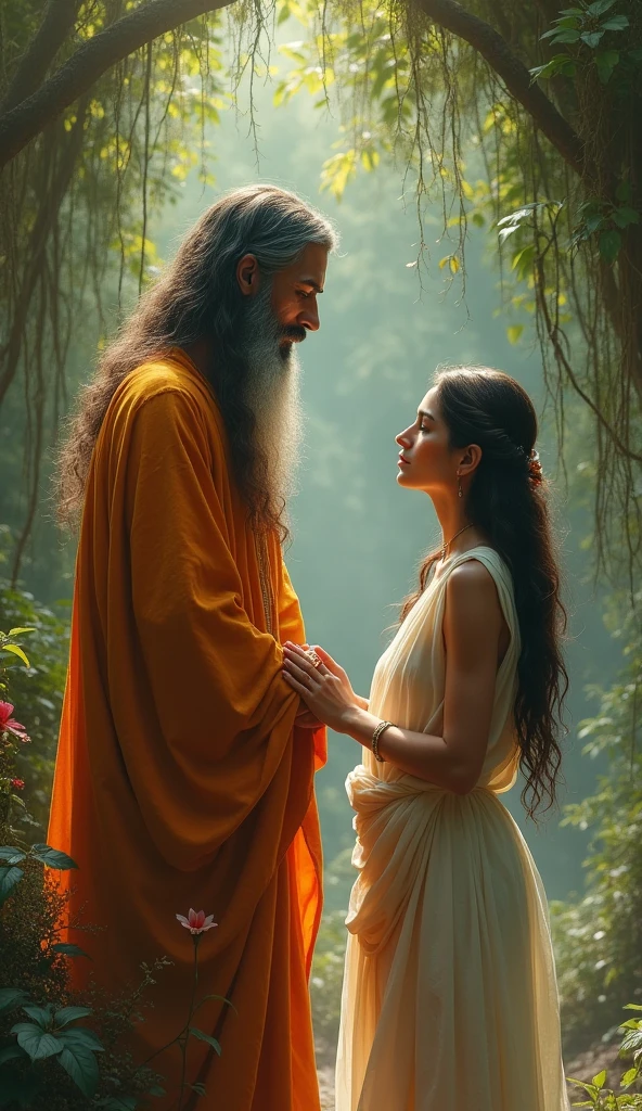 Sadhu’s Visit**: The sadhu, with long hair and a calm demeanor, standing before the woman, who looks curious about his teachings