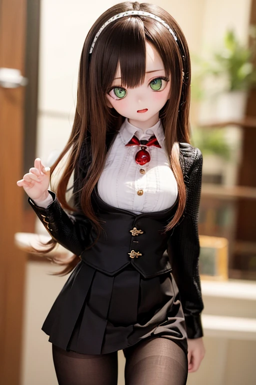 (SFW:2), photorealistic, realistic photo, 8k, ((highest quality)), ((masterpiece)), (extremely detailed), kukolnydom, doll, (mature woman, 21yo, 21 years old, solo:1.6), ((cowboy shot, contrapposto, slim, slender, skinny, medium breasts, hairband, ascot, vest, blouse, long puff sleeves, pleated skirt, black pantyhose)), (green eyes, brown hair, long hair, plastic skin, looking at another, glass eyes, gradient eyes, shining eyes, detailed eyes:1.3)