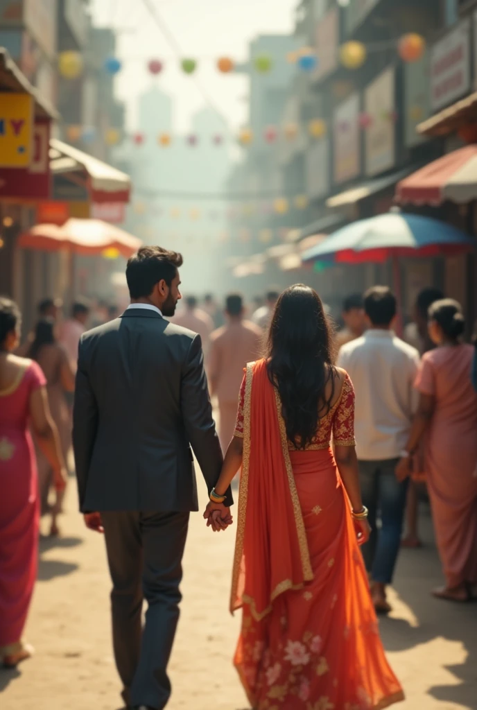 A lady and man walking in a busy street by holding hands more crowd casual costume indian blur more blur