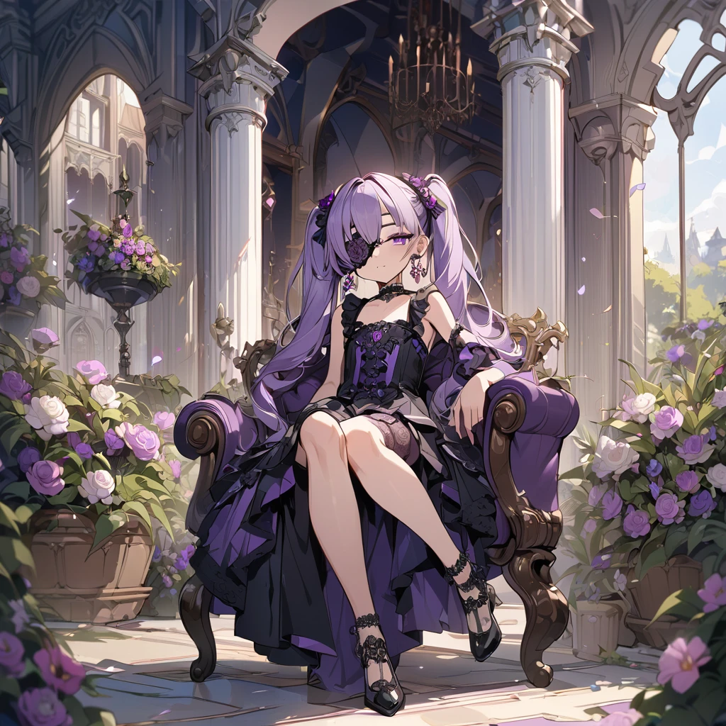 (masterpiece), best quality, expressive eyes, perfect face, (extremely detailed), (8K), girl, small breasts, flat chest, ornate gothic lolita dress, purple eyes, half closed eyes, twintails, purple hair, (((ornate flower eyepatch))), (flower over eye), choker, full body, (one leg crossed), head tilted, (sitting on a chair in a garden), lace garter, ornate jewelry, extravagant earrings , ornate garden background, ornate arches in background, (lavish manor in background), FlowerOverEye, 