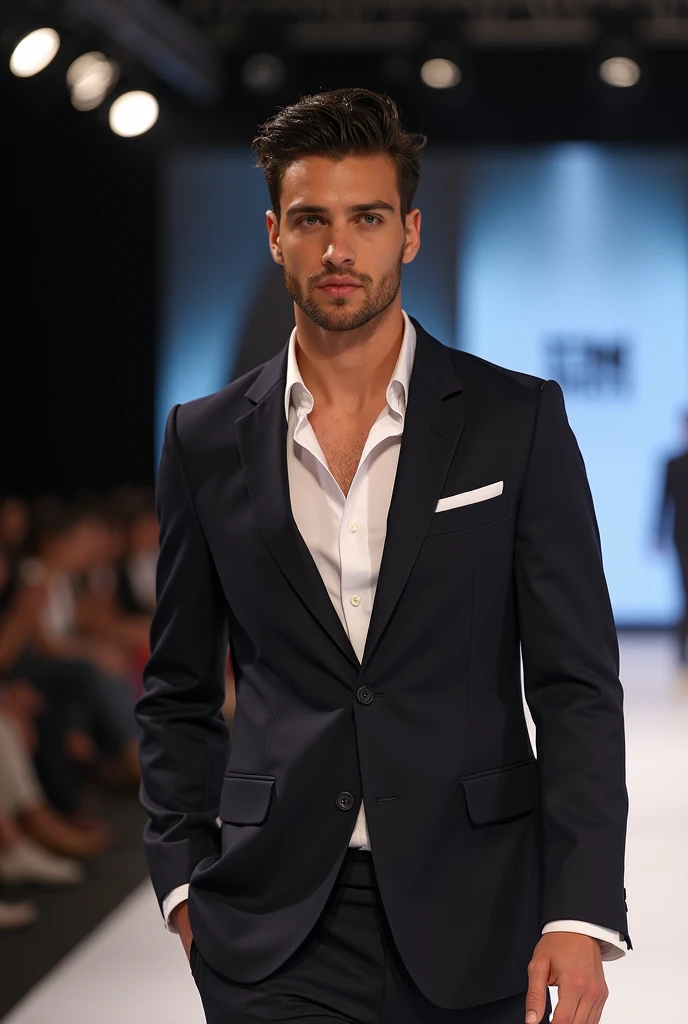 A handsome grey eyes handsome man, nice hairstyle, in a RD fashion show with RD board behind, in a good pose for paparazzi to snap him pictures,