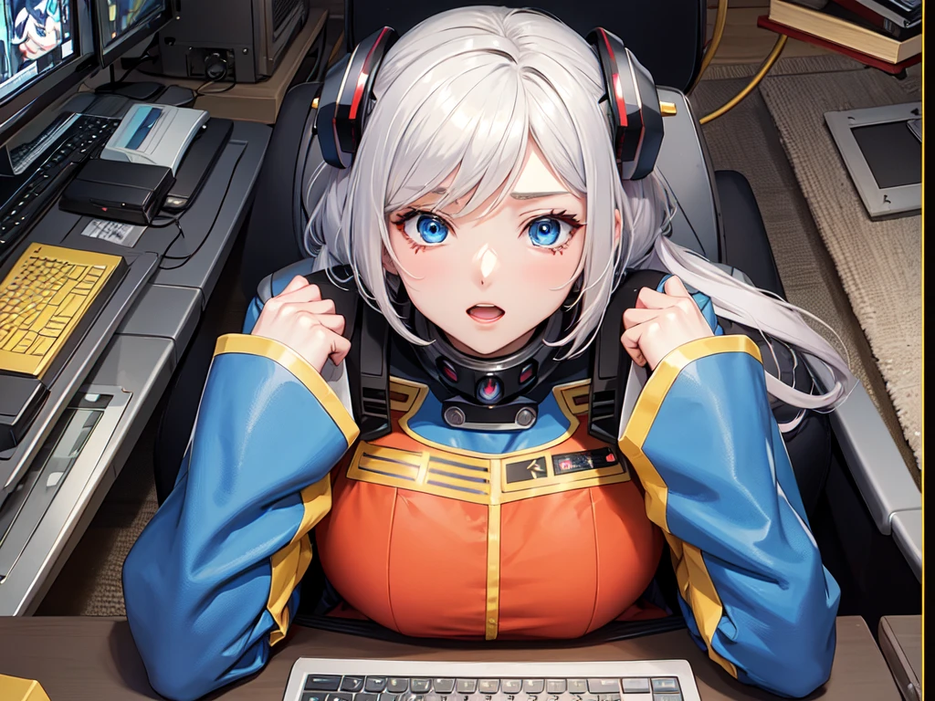 Female anime style Dorbach ,Mecha Uniform 2D, ((Operating a computer))((Highest quality)), ((masterpiece)), (detailed) ((Centered Images)) Crying face