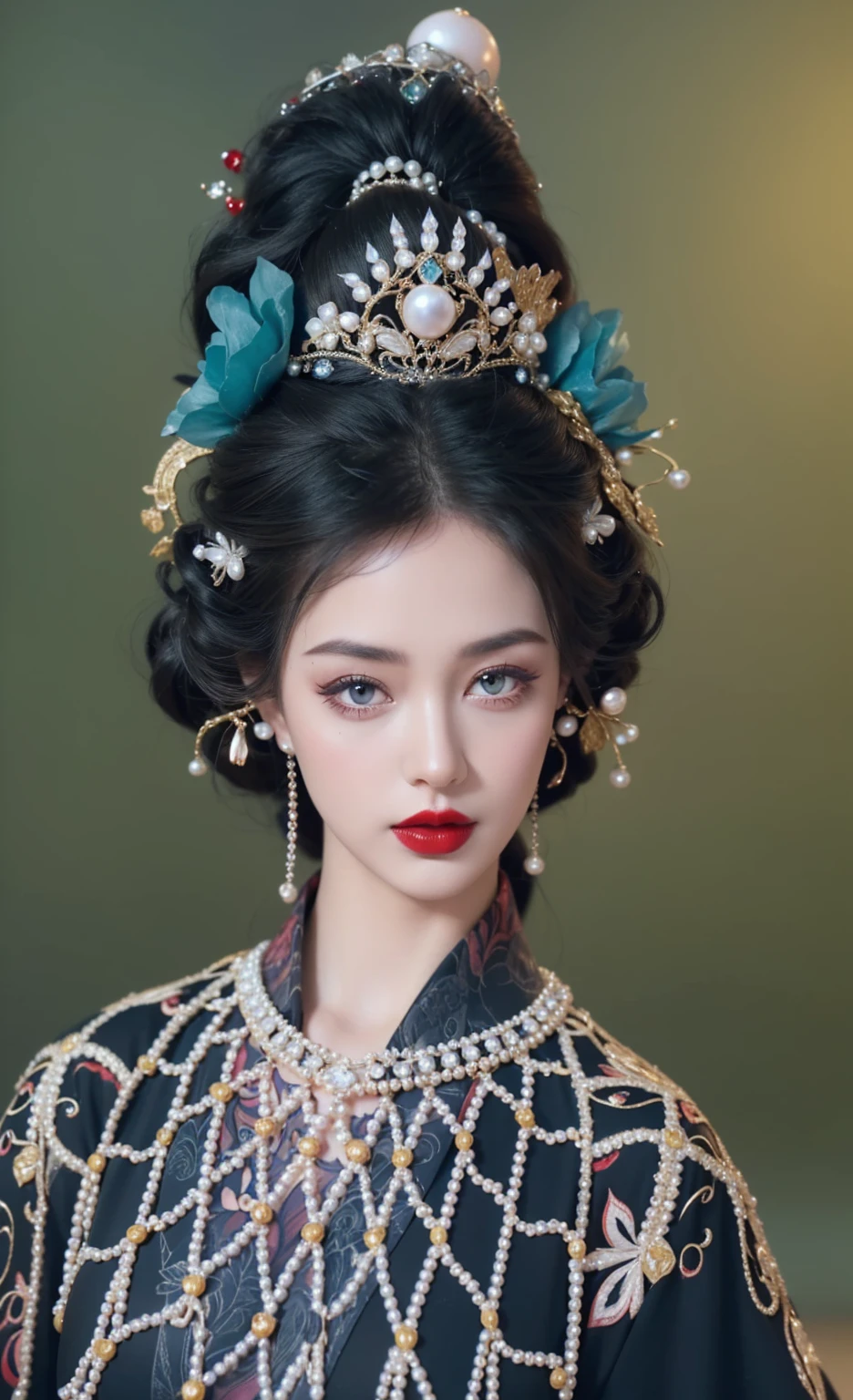 Royal princess，Extremely detailed, Delicate face, Stock Photography , Portrait 400, F1 Camera Lens.6, rich and colorful, Surrealism, Realistic textures, Dramatic Lighting, Thin Film Distiller 800 (8K, original photo, Better quality, masterpiece: 1.2), Extremely detailed, (Extremely delicate skin: 1.2), 8K ultra high definition, SLR camera, Soft Light, high quality.Fire Queen，Blue pupils，Wear red lipstick，Have a tattoo，The tattoo is very three-dimensional，Gorgeous and intricate tattoo designs，Dark eyeshadow，Sexy thick lips(Red lipstick)，Gorgeous pearl and gemstone decoration，