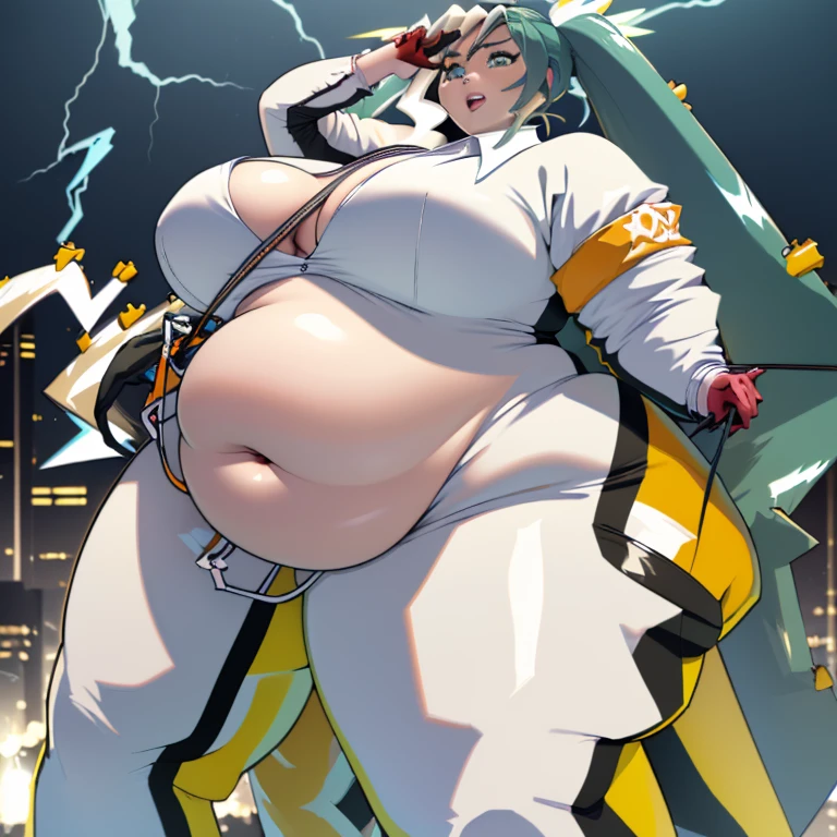 (best quality, anime,), ((ssbbw)), ((bbw)), ((very huge breasts)), (hatsune miku), (solo), tight bodysuit, electricity aura, (long twin tale), (extremely fat legs, very wide hips,), (overhanging belly fat), cyberpunk background, buildings in the background, intense storm,