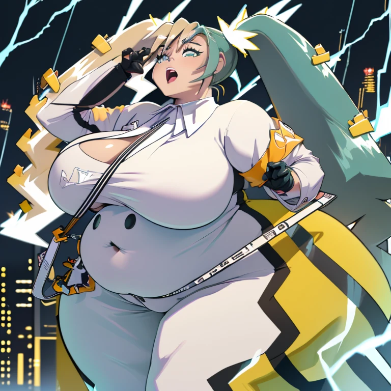 (best quality, anime,), ((ssbbw)), ((bbw)), ((very huge breasts)), (hatsune miku), (solo), tight bodysuit, electricity aura, (long twin tale), (extremely fat legs, very wide hips,), (overhanging belly fat), cyberpunk background, buildings in the background, intense storm,