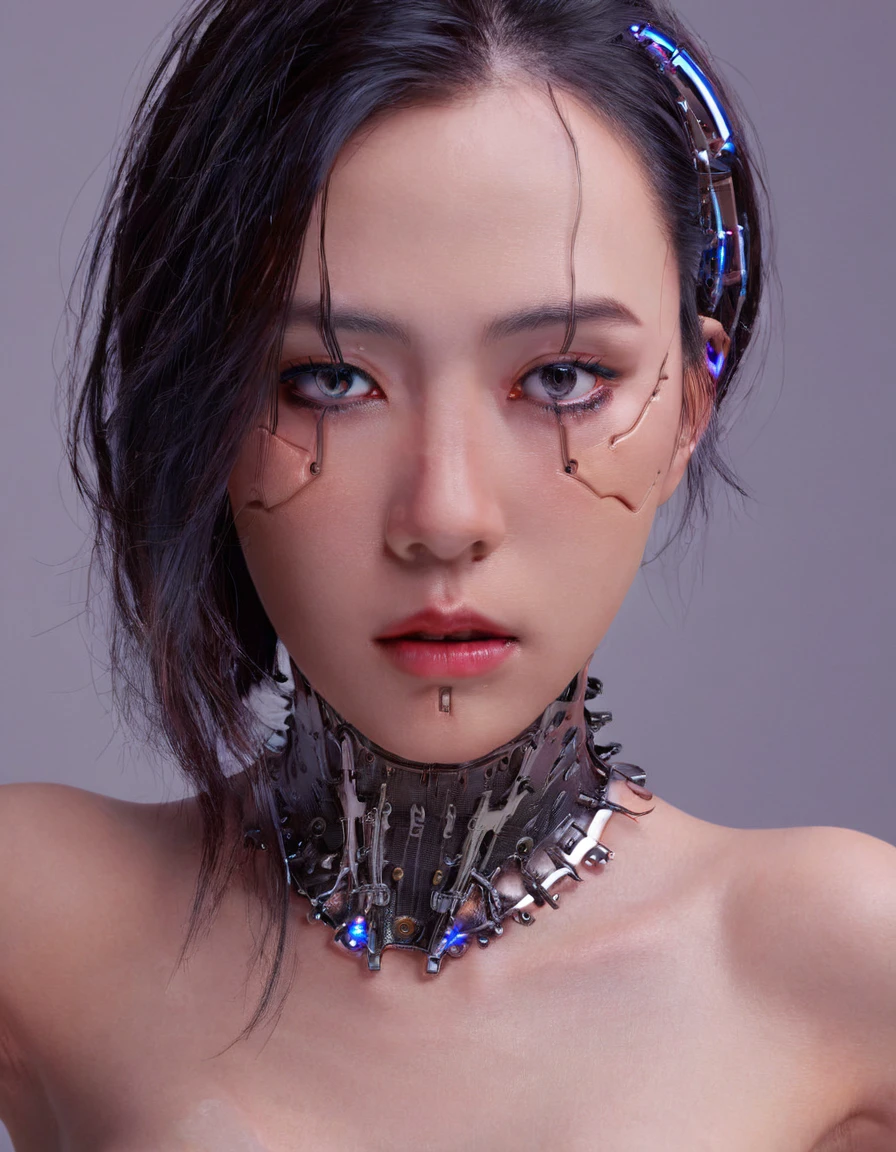 A stunning close up 4K photo-realistic image of a cyberpunk demi-human girl with an Asian face, glossy reflected make up. Her visage is adorned with intricate machine implants, including a sleek silver visor that covers her eyes, revealing only a small slit for vision. These implants enable advanced sensory input and communication with her cybernetic systems.

Her skin is pale, with visible scars that tell a story of her past battles and a faint line where her flesh meets the cold metal of her implants. The seams are barely noticeable, indicating skilled integration between her organic and mechanical components.

Her hair is black, spiked up in an aggressive yet stylish manner. Small LED lights are integrated into the strands, flickering with various colors to match her mood. The hair is a statement piece, reflecting her rebellious spirit. The overall atmosphere of the image is captivating, photo, her body is embedded with mechanical implants under the skin, cyborg arms,  cyberware lines embedded in her face, , (Photorealsitic)、(intricate detailes:1.2)、(​masterpiece、:1.3)、beauty face, (top-quality:1.4)、(超A high resolution:1.2)、超A high resolution、(A detailed eye)、(detailed facial features), ((Realistic lighting、top-quality、8K、natural light, ​masterpiece:1.3))、bright photo, Clear focus:1.2、1girl in、flawless beauty:1.4、Superfine Face、big Narrow-eyed、double eyelid、photos realistic, perfect eyes, perfect skin, detailed skin, detailed face, looking viewer, front view, potrait, raw photo, simple soft pink background, (intricate detailed skin textured:1.4) front view, looking viewer, clear face, 1 girl、porate、Bright and very beautiful face、beautiful girl, A stunning close-up portrait showcasing the beauty of a Korean model. The composition features soft, natural lighting , bright eyes, and striking cheekbones.