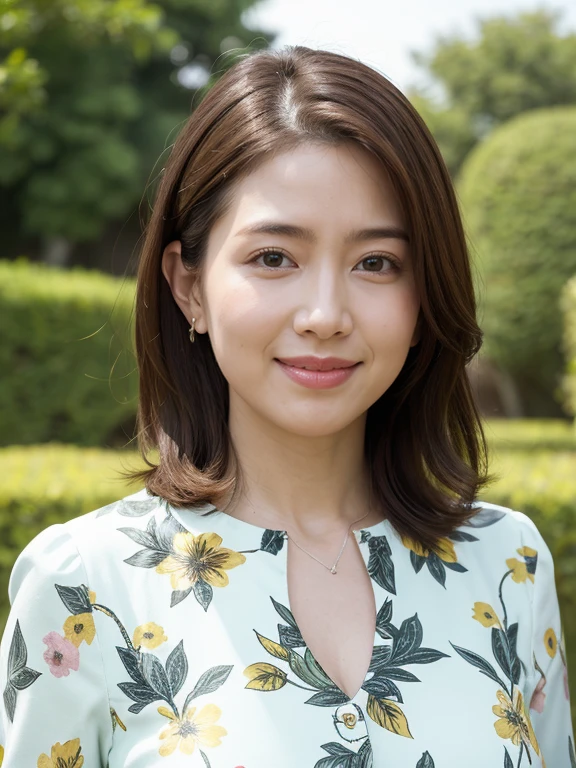 best qualtiy, in 8K, masuter piece, lifelike, Sharp Focus, high quarity, hight resolution, A detailed face, A detailed eye, Thick lip, (Look at viewers), solo, Beautuful Women, 45 year old, plumw, Beautifully trimmed hair, cleavage of the breast, brightly colored patterned dress, Afternoon in front of the park garden,