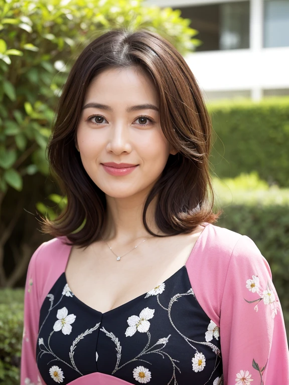 best qualtiy, in 8K, masuter piece, lifelike, Sharp Focus, high quarity, hight resolution, A detailed face, A detailed eye, Thick lip, (Look at viewers), solo, Beautuful Women, 45 year old, plumw, Beautifully trimmed hair, cleavage of the breast, brightly colored patterned dress, Afternoon in front of the park garden,