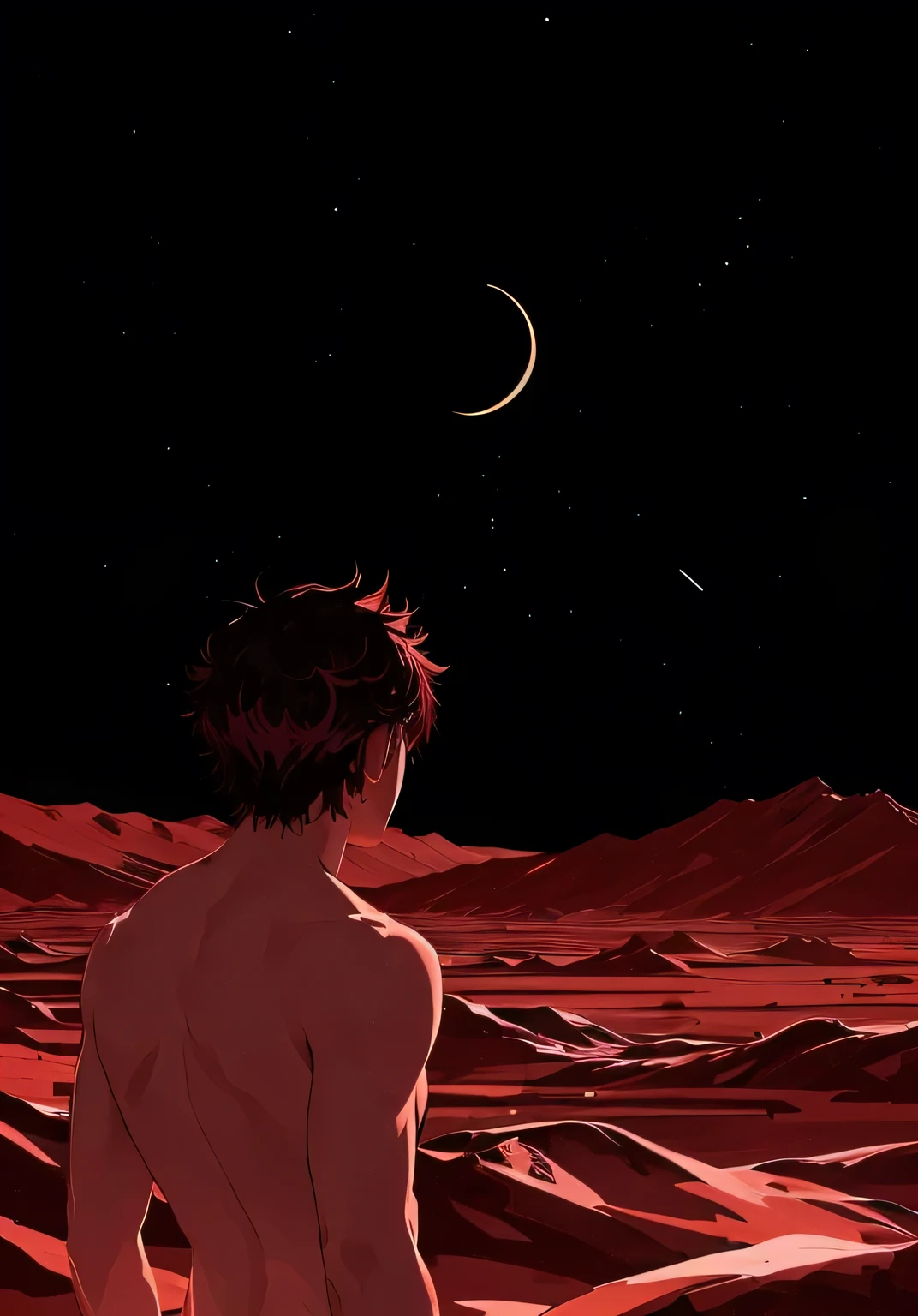 anime man standing in desert looking at the moon, calm evening. digital illustration, desolated. digital illustration, looking out into the cosmos, looking at the moon, looking out at a red ocean, inspired by Tomer Hanuka, inspirado em Asaf Hanuka, gazing at the horizon, ( Asaf fell ), on another planet, staring at the stars
