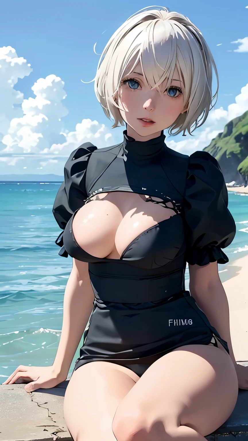 Sitting with legs stretched out in the sea, beautiful woman, sandy beach, big waist, big breasts, white short hair, coastline, sunny weather, blue sky