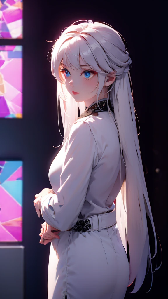 1 Girl, medium light white hair, light blue eyes, wearing Black Suit 4D , night club TOWN 18+, high res, ultrasharp, 8K, masterpiece, looking from behind