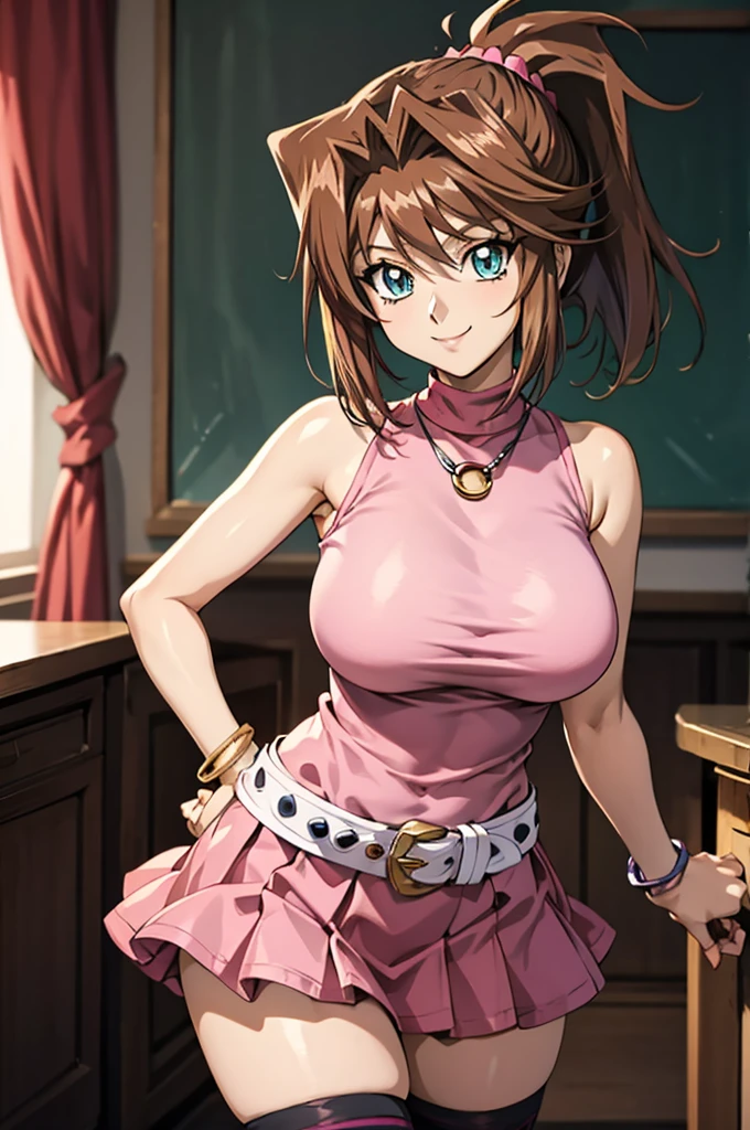 (masterpiece, best quality), 1girl, AnzuDef, breasts, looking at viewer, smile, blue eyes, short hair, brown hair, hair ornament, high ponytail, ponytail, large breasts, huge breasts, shirt, skirt, thighhighs, bare shoulders, jewelry, o-ring, pleated skirt, sleeveless, belt, miniskirt, necklace, bracelet, zettai ryouiki, sleeveless shirt, turtleneck, scrunchie, pink skirt, black thighhighs, yellow shirt, sleeveless turtleneck, yu-gi-oh!,