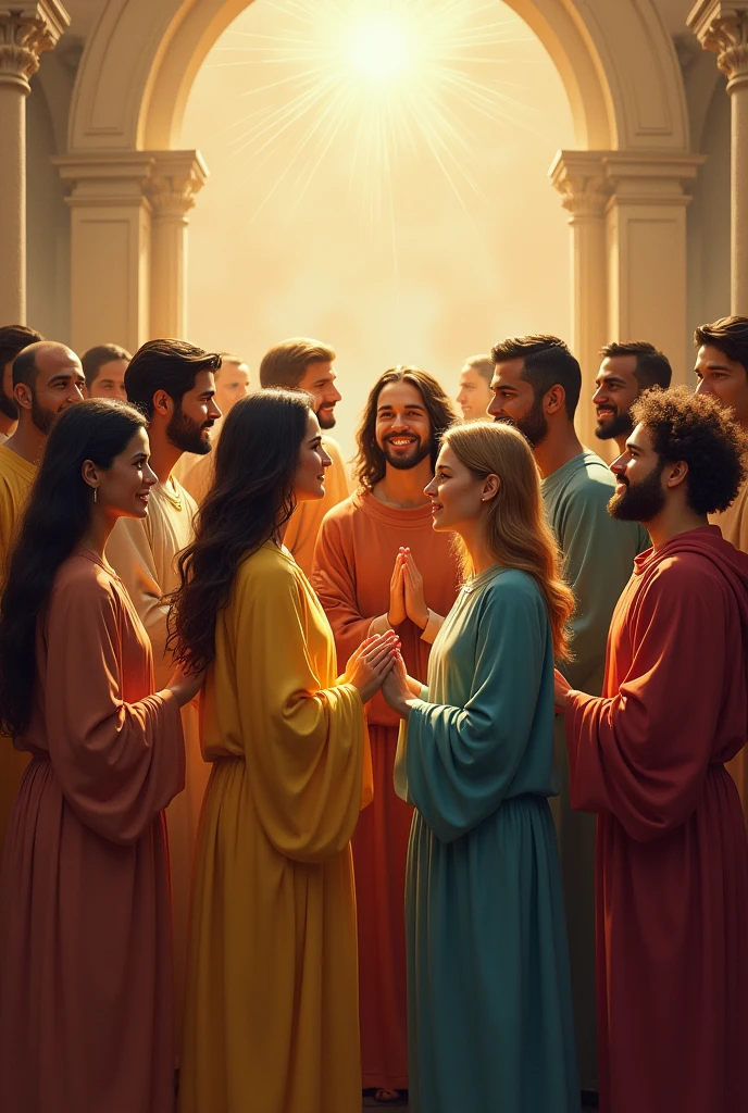 create an art to address a theme where Theme: “Before friend Jesus, we know we are not alone" friends ,como apóstolos de jesus friends com jesus, united with jesus, friends de diverse ethnicitiess  ((Art)) ,( folder)) (Maximum quality ) ((diverse ethnicities))