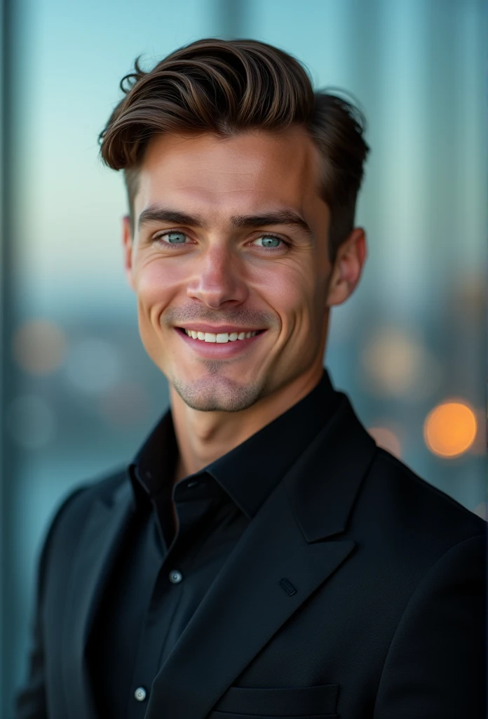 German young man,beautiful detailed blue eyes,Brown hair,black suit,confident expression,sharp jawline,Vibrant skin,smiling,pretty face,standing pose,Upper body picture,Cityscape,Professional studio lighting,realisti,photorealisti:1.37,Portraits,Vivid colors,cooler Ton,Soft lighting