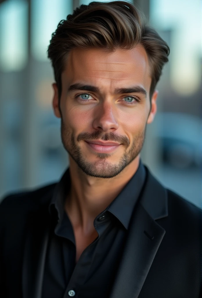 German young man,beautiful detailed blue eyes,Brown hair,black suit,confident expression,sharp jawline,Vibrant skin,smiling,pretty face,standing pose,Upper body picture,Cityscape,Professional studio lighting,realisti,photorealisti:1.37,Portraits,Vivid colors,cooler Ton,Soft lighting