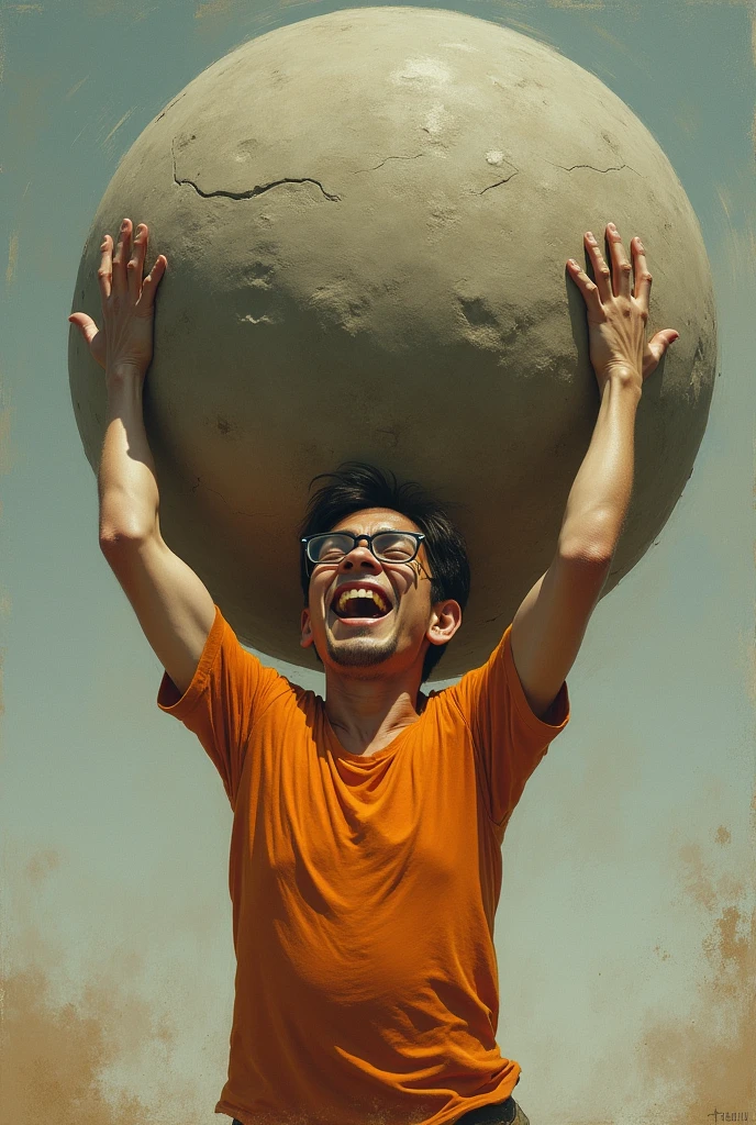 Thin and wearing glasses２０Men about their age、Insanity、Wearing orange clothes、He is trying to throw a round stone slightly larger than himself with both hands.