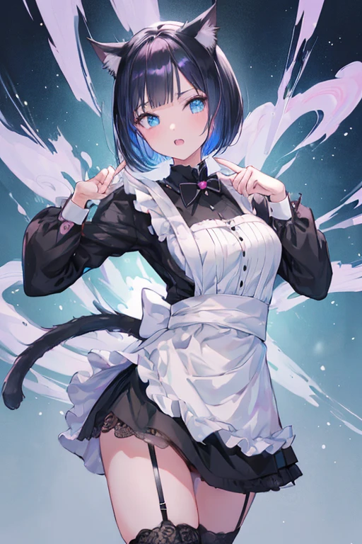 A beautiful detailed anime-style 1girl, anatomically correct cat ears, mini-skirt maid outfit, black bob cut hair, cat paw pose, alluring eyes, high resolution, 4k, 8k, hyperdetailed, photorealistic, cinematic lighting, masterpiece, vibrant colors, fantasy, elegant, magical, sharp teeth, pale blue eyes