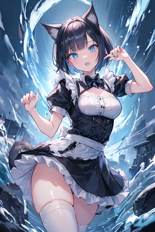 A beautiful detailed anime-style 1girl, anatomically correct cat ears, mini-skirt maid outfit, black bob cut hair, cat paw pose, alluring eyes, high resolution, 4k, 8k, hyperdetailed, photorealistic, cinematic lighting, masterpiece, vibrant colors, fantasy, elegant, magical, sharp teeth, pale blue eyes