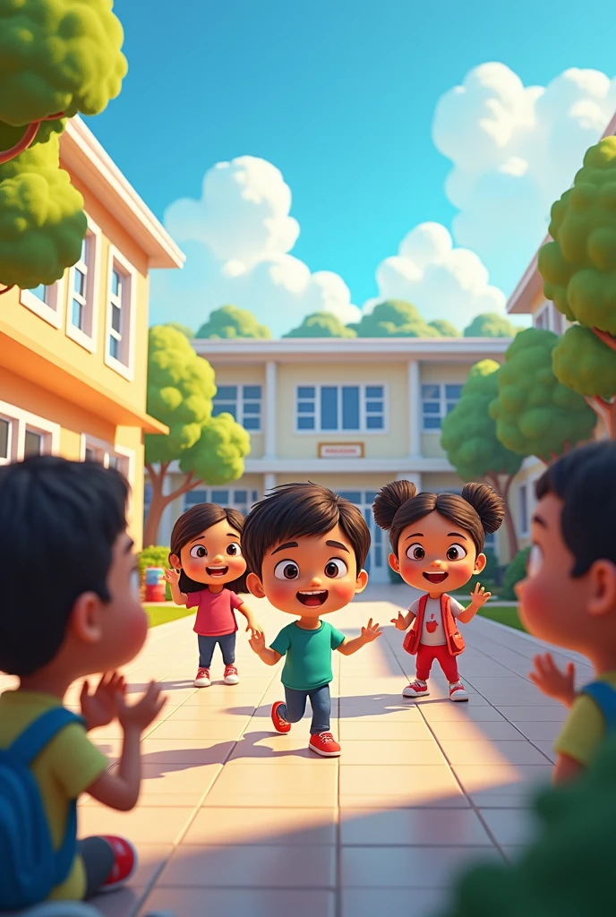 A background with animated children that the background is a school that has the title creation of school environments free of school violence that is in Spanish