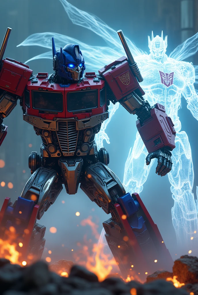 a highly detailed and dynamic scene of Optimus Prime, the iconic Transformers character, engaged in an intense battle with a ghostly apparition, (best quality,4k,8k,highres,masterpiece:1.2),ultra-detailed,(realistic,photorealistic,photo-realistic:1.37),advanced 3D rendering,cinematic lighting,dramatic poses,mechanical details,shimmering translucent ghost,energy effects,dynamic motion blur,glowing highlights,Optimus Prime in robot mode,powerful kicks,punching,detailed mechanical parts,armor plating,Autobot insignia,intense expression,cinematic camera angle