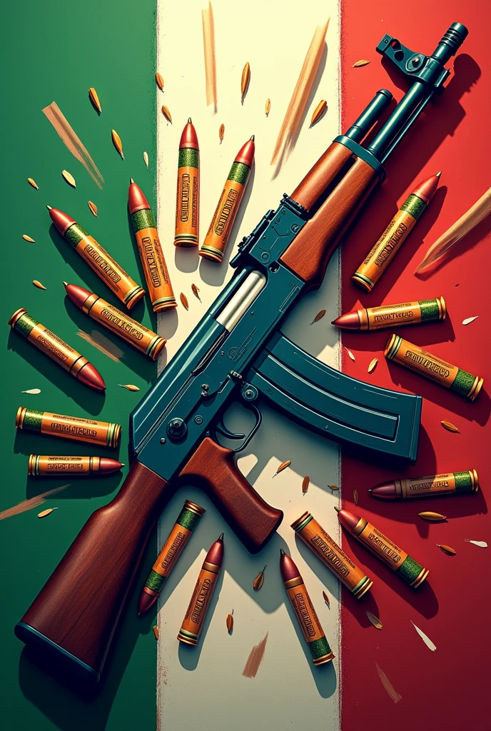 Make the Italian flag in 4k with an AK 47 in 4k and comic ammunition the name Donatello