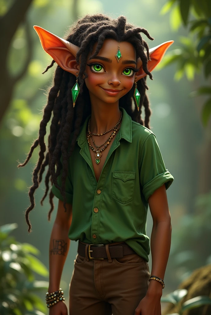Male alf
18 yers old
brown skin
Glowing green eyes
Dark brown dreadlocks
Small pointed ears with many jewels
smooth skin
A bit pointed face
Slim and
brown wide pants
green untact shirt
6.9 fut tall
Smailing
fantasy dnd lord of the rings