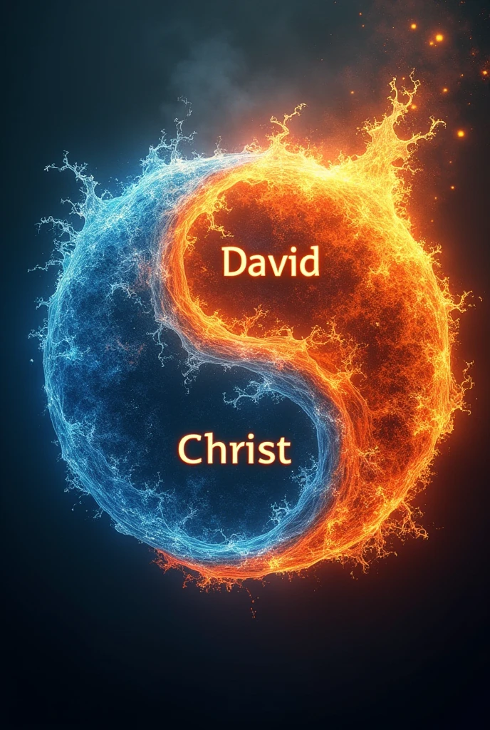 Create an image of a YIN YANG that is of fire and water in the fire area that says DAVID and in the water area that says CHRIST
